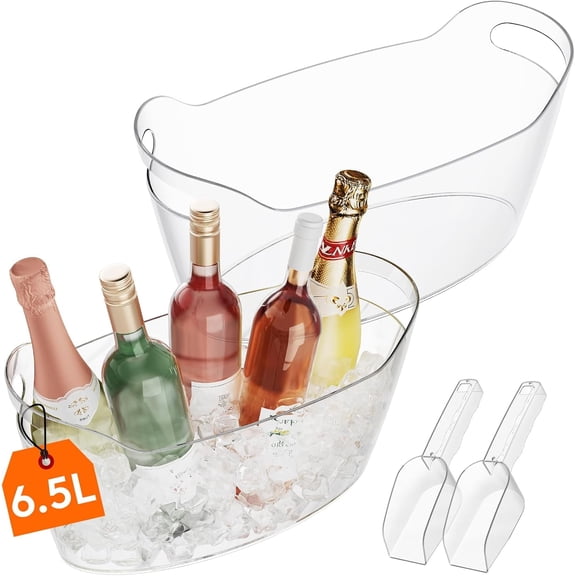2 Pack:6.5L Ice Buckets for Parties, Portable Drink Bucket for Cocktail Bar, Plastic Champagne Cooler for Beverage/Wine/Beer, Mimosa Bar Supplies Chiller Tub with Scoop 15x7x8"