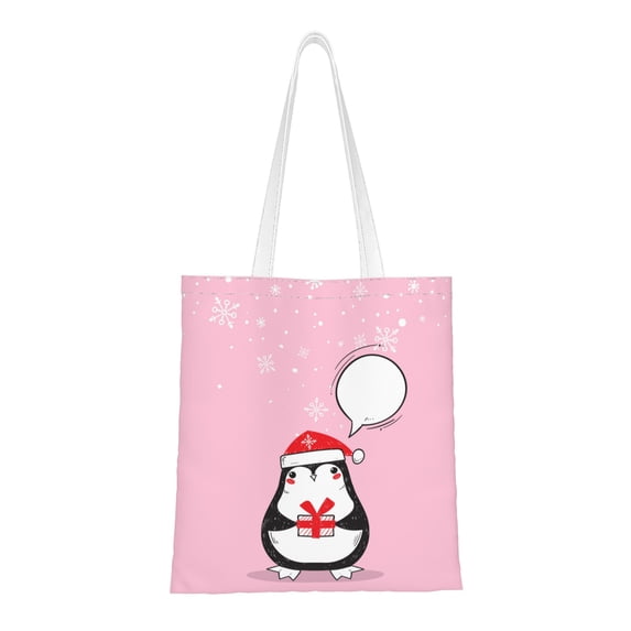 DouZhe Reusable Grocery Bags, Cartoon New Year Bird Pink Penguin Lightweight Polyester Canvas Cloth Tote Bag for Travle Gym Shopping School, 15" x 16"