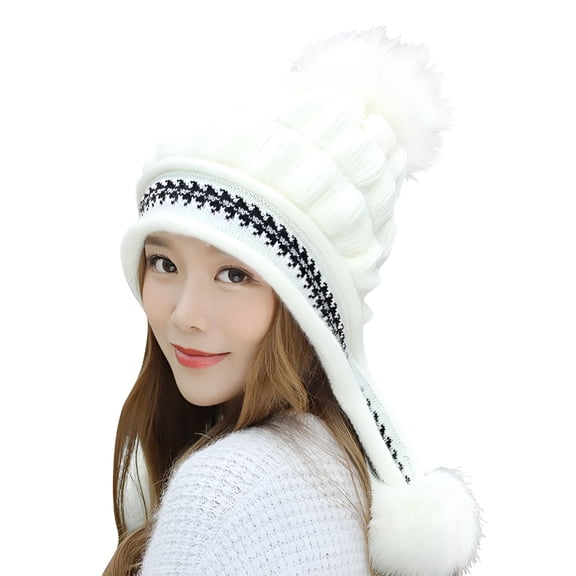 TELOLY Women Winter Knitted Beanie Hat with Pompoms Ski Snow Ear Flaps Sherpa Knit Thick Warm Soft Hats Windproof for Cold Weather Beanie for Women White One Size