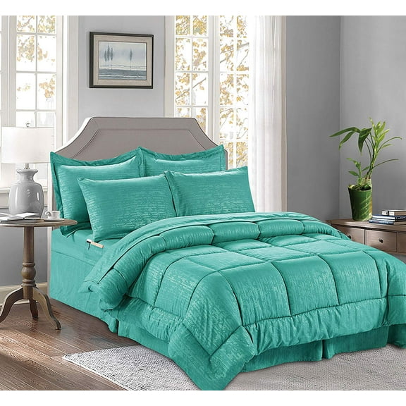 8 Pieces Bamboo Comforter set Includes Bed Sheet Set with Double Sided Storage Pockets, Twin Twin XL, Turquoise