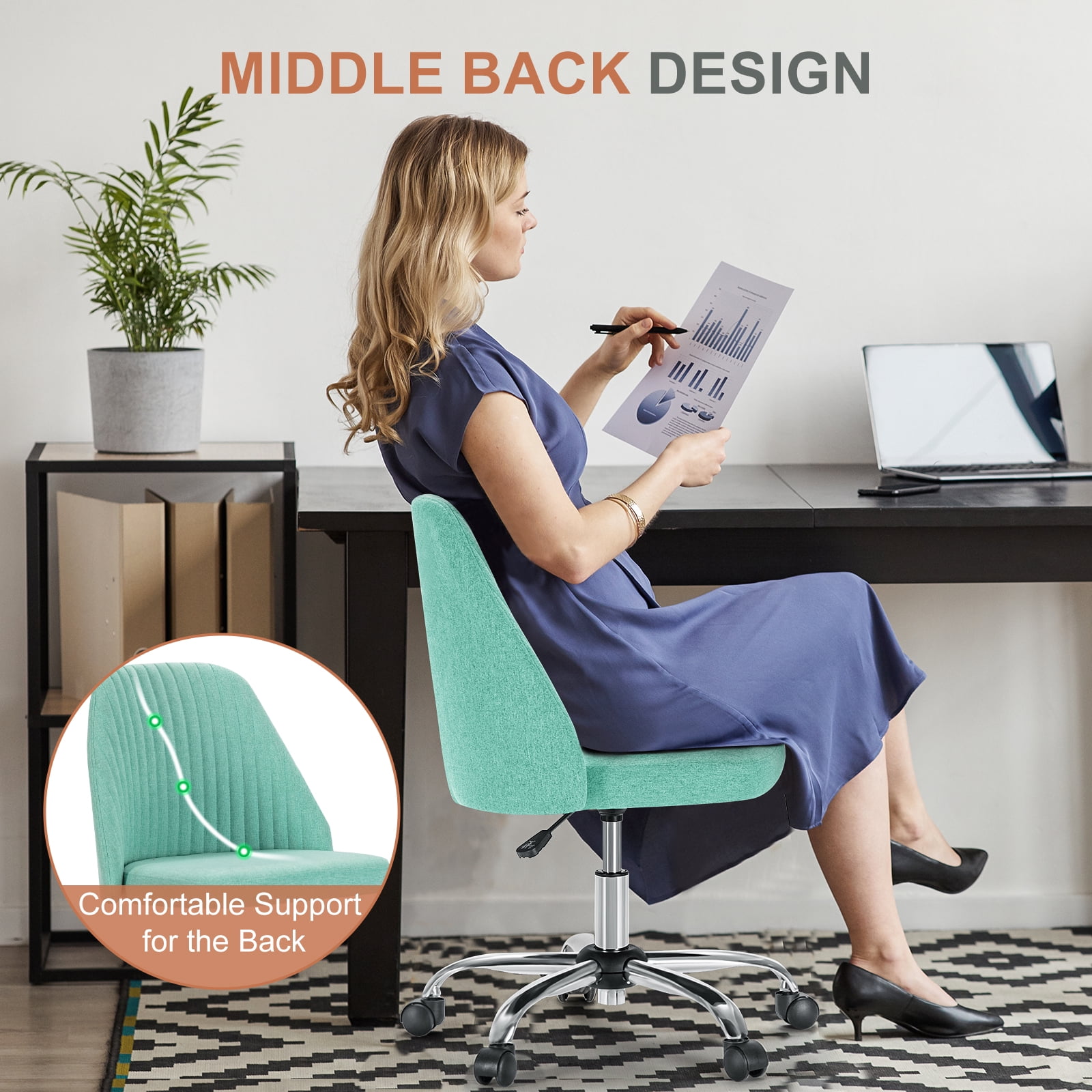 Armless Adjustable Swivel Desk Chair with Wheels