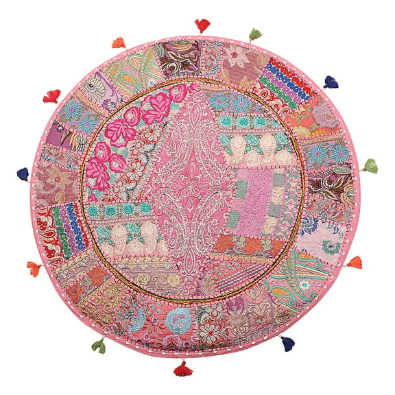 Stylo Culture Ethnic Round Floor Cushion Vintage Patchwork Cover Baby Pink Oversized 40x40 Inch Decorative Decor Seating Tuffet Seat Pouf Cover Footstool Cotton Embroidered 1 Pc