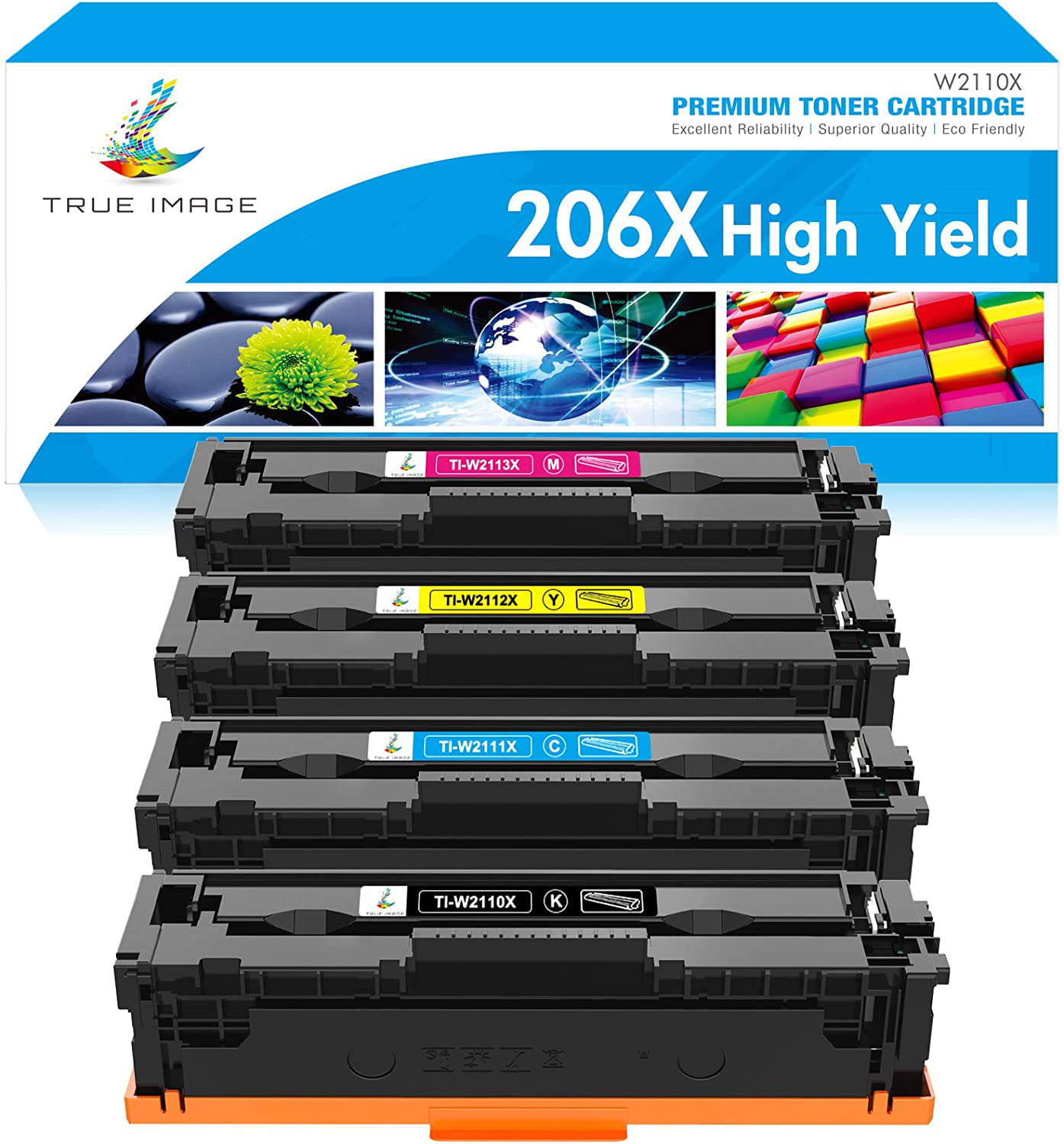 TRUE IMAGE 4-Pack Compatible Toner Cartridge Without Chip for HP 206X 206A  W2110A W2110X Color Laserjet Pro M255dw MFP M283fdw M283cdw M283 M255