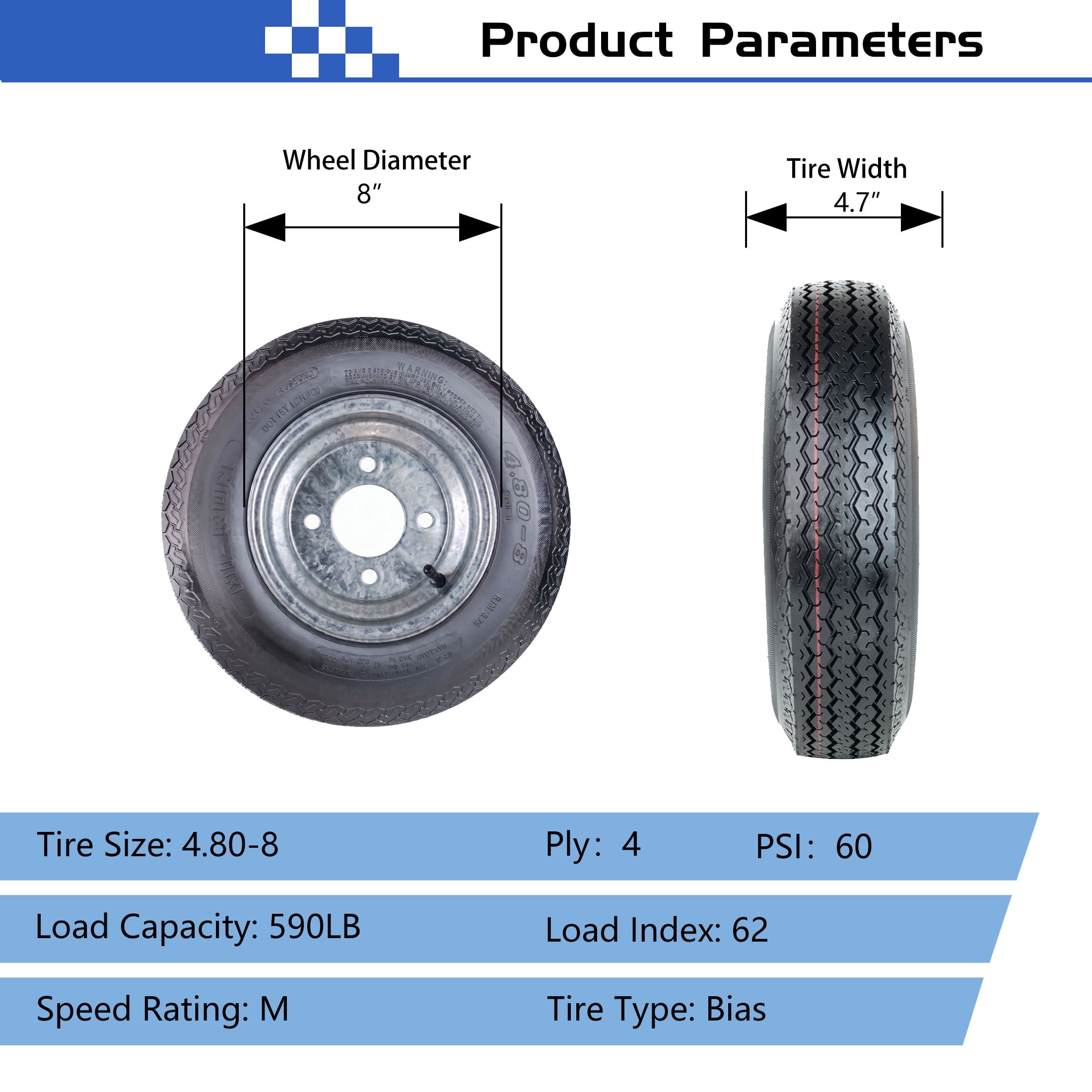Hi-Run 2 Set SU01 4.80-8 4PR Boat Trailer Tire with 4-Lug Galvanized Wheel Assembly