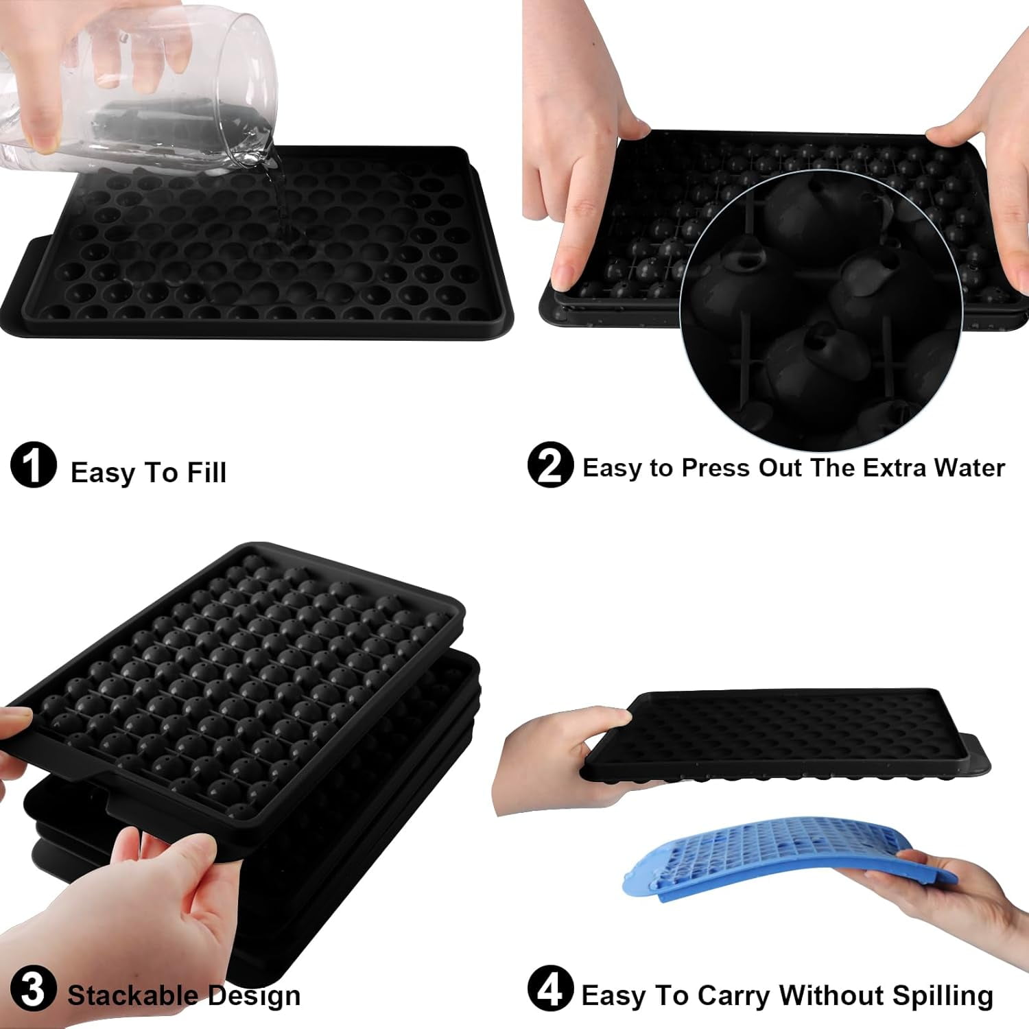 Mini Ice Cube Trays, Upgraded Small 104x4 Ice Cube Tray for Chilling Drinks and Juices - Easy Release, Black Trays with Ice Bin and Scoop (4 Pack)