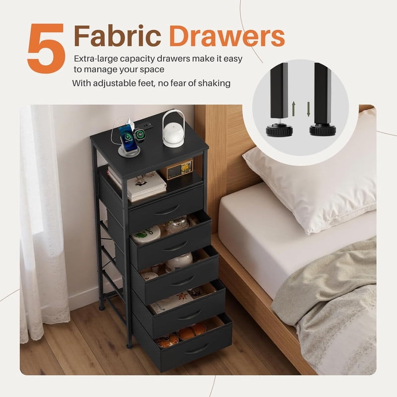 Simenmax Nightstand with Charging Station & LED Lights, 5 Drawer Bedside Table with Variable Light Strip, Modern Industrial Bedroom Furniture, Black