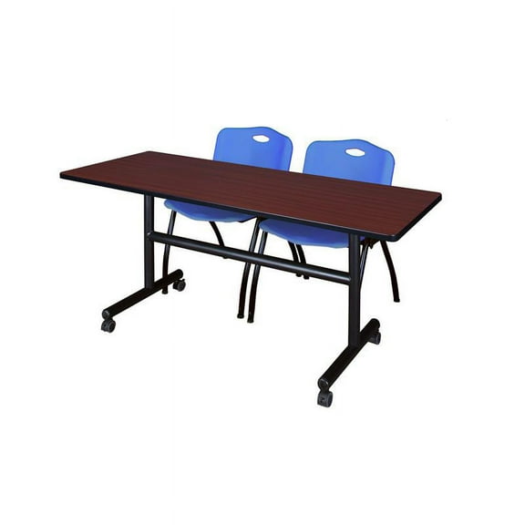 60" x 30" Flip Top Mobile Training Table- Mahogany and 2 "M" Stack Chairs- Blue