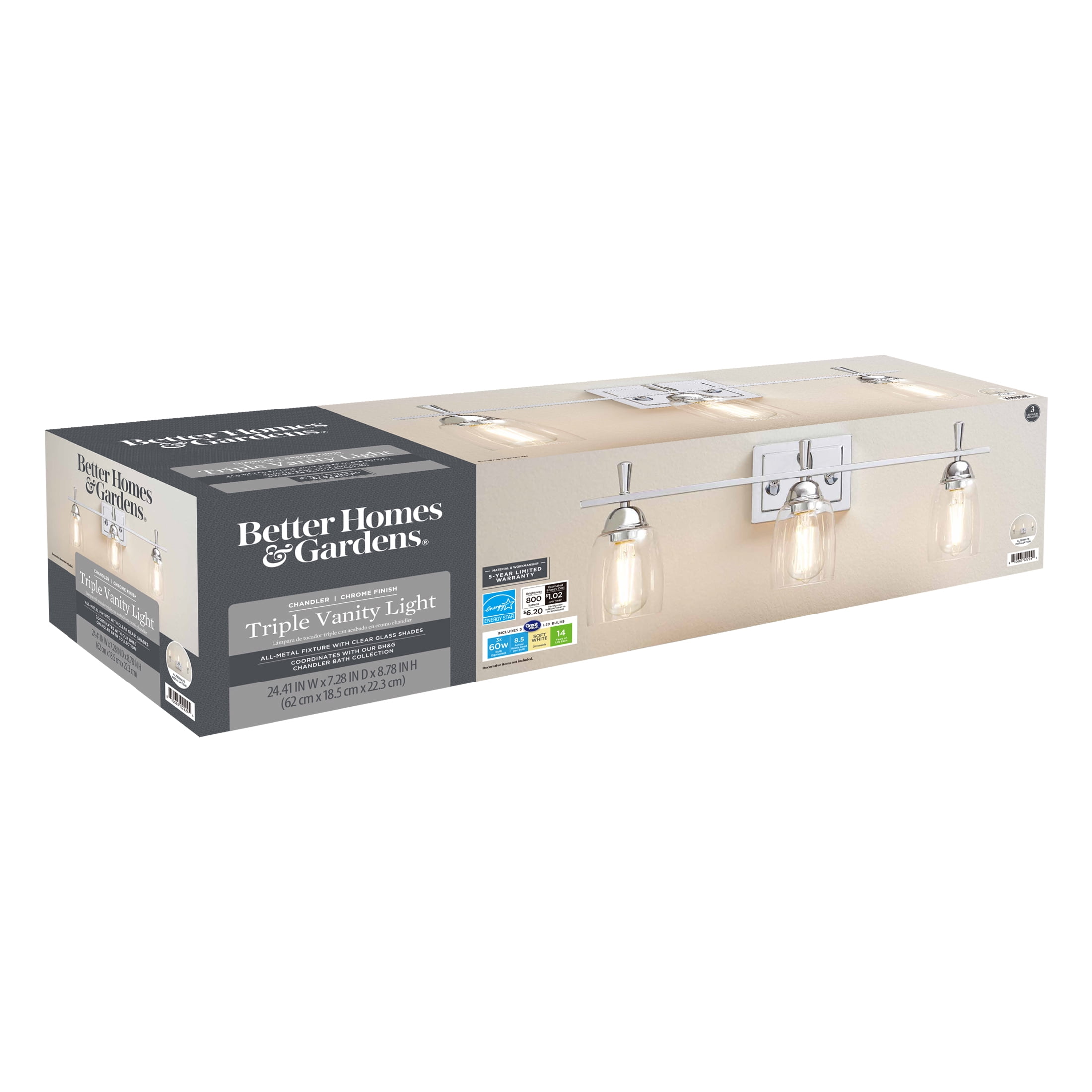 Better Homes & Gardens 24.41" Modern 3-Head Vanity Light, Chrome Finish Clear Glass, ST18 LED Bulbs