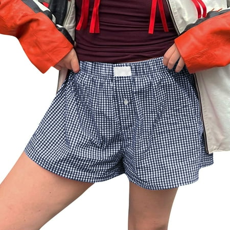 YDKZYMD Workout Shorts for Women Striped Plaid Y2k Button Front Shorts Elastic Low Waisted Summer Bloomers Pajamas Casual with Pocket Sleepwear Dark Blue S