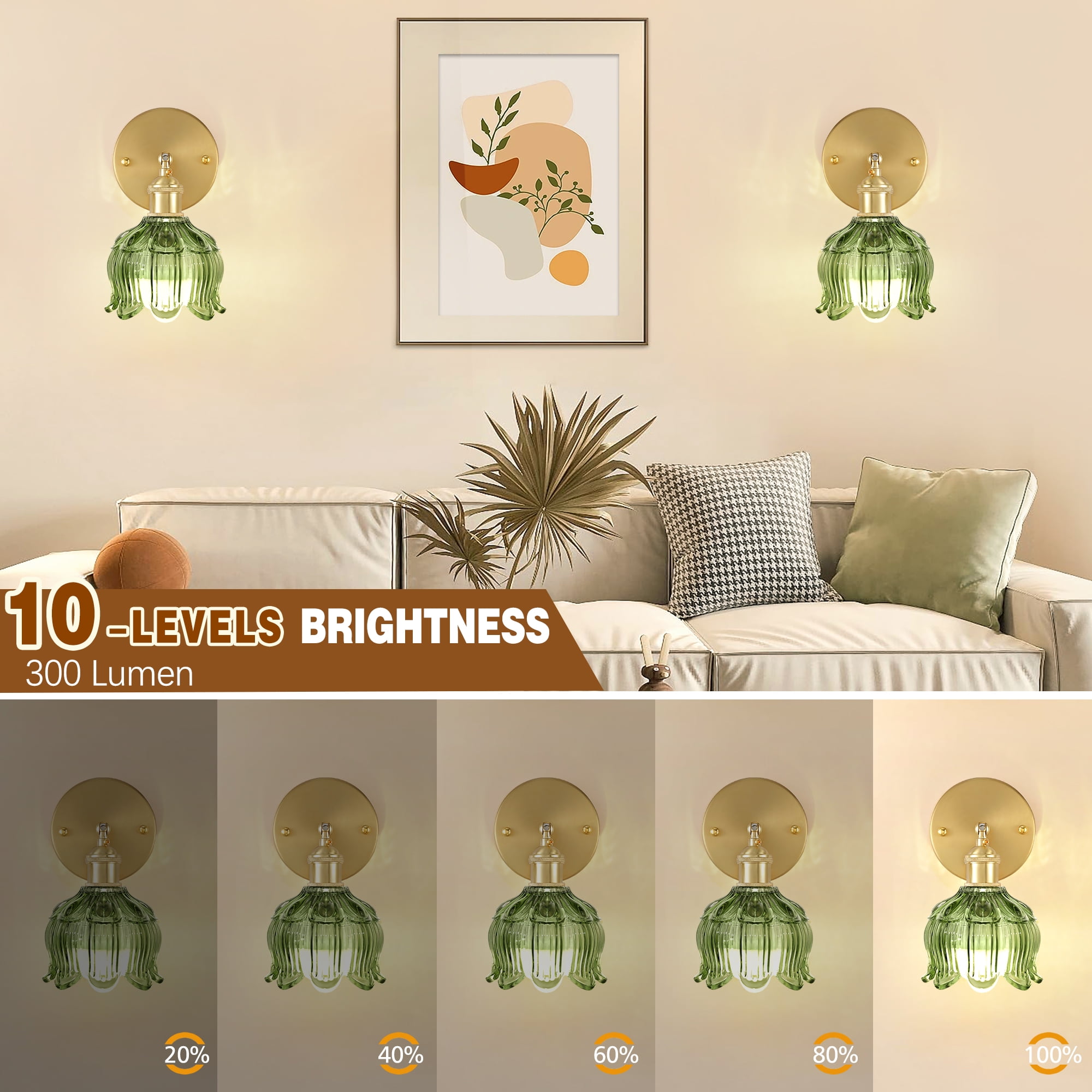 Vintage Battery Operated Wall Sconce with Flower lampshade,Rechargeable Battery Powered Wall lamp with 15 Colors for Bedroom Living Room Home Decor (Flower Green, 2 Light Battery Operated)