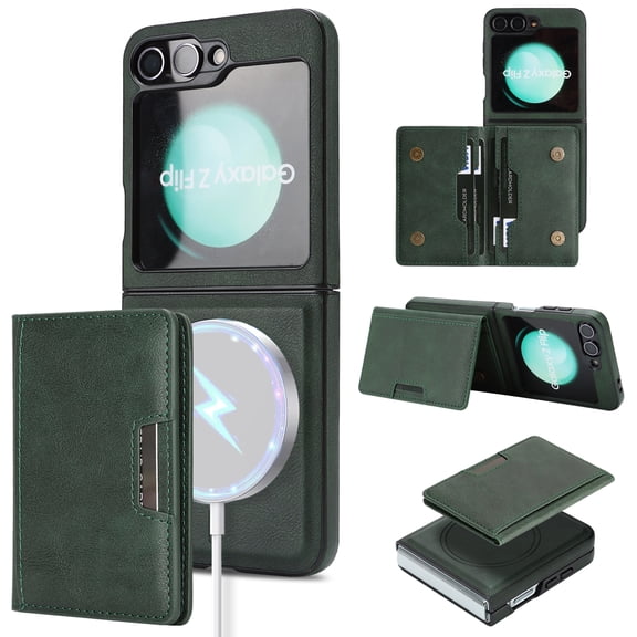 Allytechgroup 2 in 1 Wallet Case for Samsung Galaxy Z Flip 3, PU Leather [Compatible with Magsafe] Detachable Cards Holder Shockproof Anti-Scratch Slim Fit Shell Cover for Galaxy Z Flip 3, Green