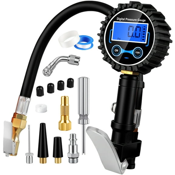 Digital Tire Inflator with Pressure Gauge, FiveBox 200 PSI Heavy Duty Air Compressor Accessories with 360° Air Chuck & Extended Hose and Quick Connect Coupler for Motorcycle/Truck/RV/SUV