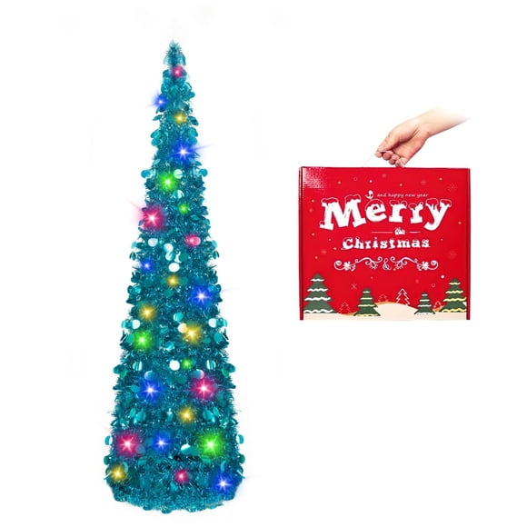 N&T NIETING Christmas Tree with Lights, 5ft Collapsible Pop Up Blue Tinsel Christmas Tree Coastal Christmas Tree for Holiday Xmas Decorations, Home Display, Office Decor