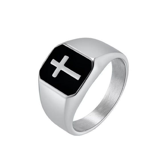 PAMTIER Men's Stainless Steel Vintage Unique Square Cut 15mm Cross Crucifix Biker Ring Comfort Fit Silver Size 8