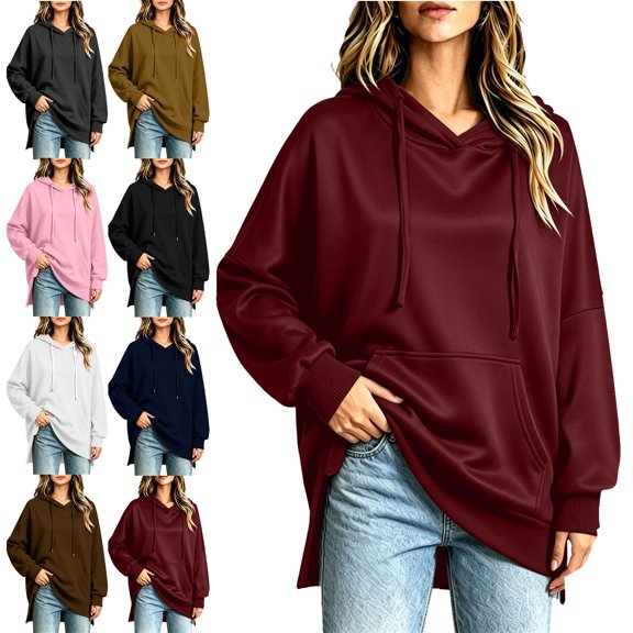 Pullover Hoodies for Women Loose Fit Long Sleeve Kangaroo Pocket Side Slit Weekend Wear