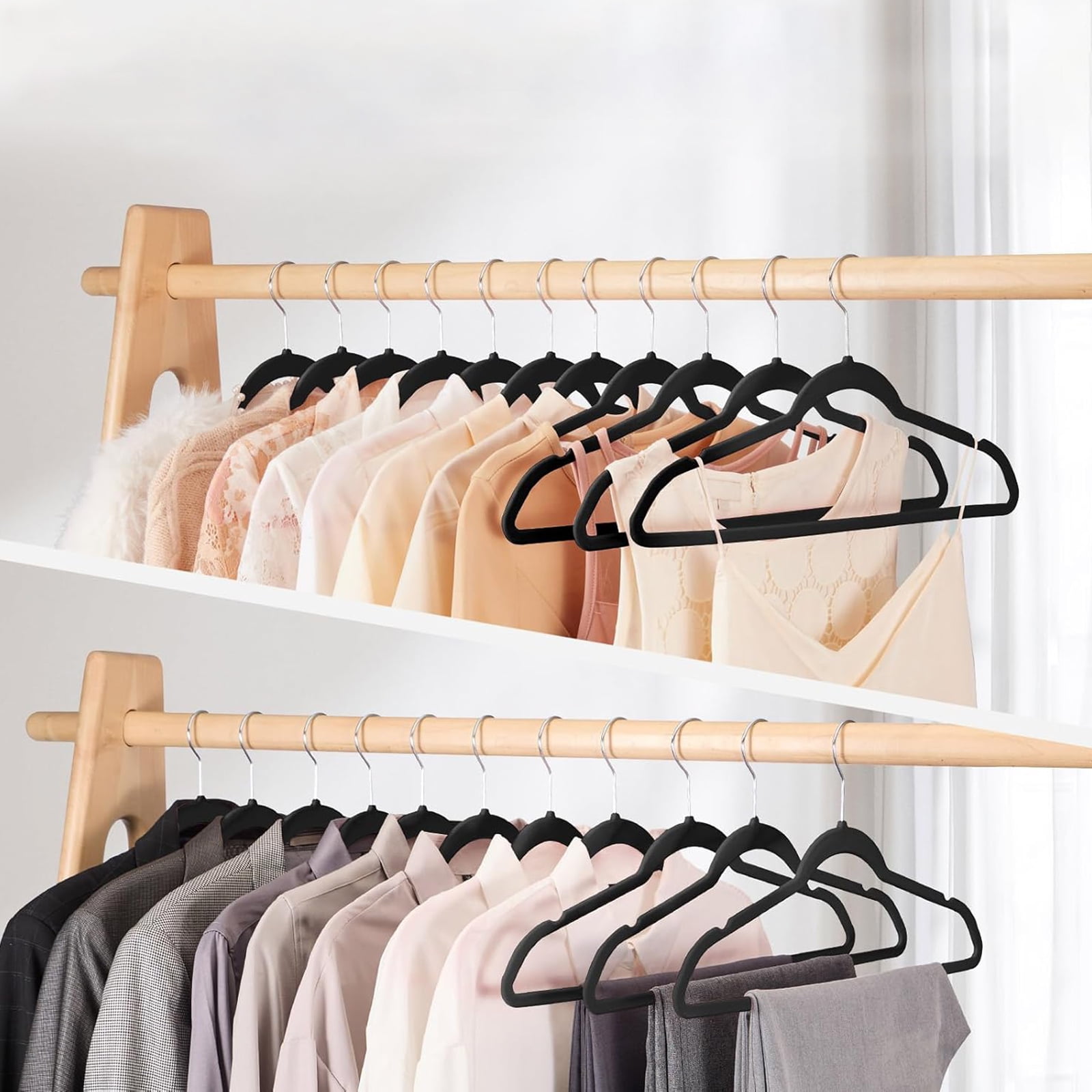 EasyPAG Velvet Hangers 30 Pack, Non-Slip Clothes Hangers, Suit Hangers with Shoulder Notches, Pants Bar, 360° Swivel Hook, Space-Saving, for Closet, Black