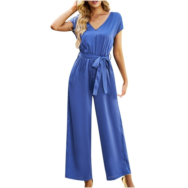 Jumpsuits for Women Solid Color V Neck Summer Short Sleeve Loose Fit Wide Leg Belted Pockets Rompers for Casual Work