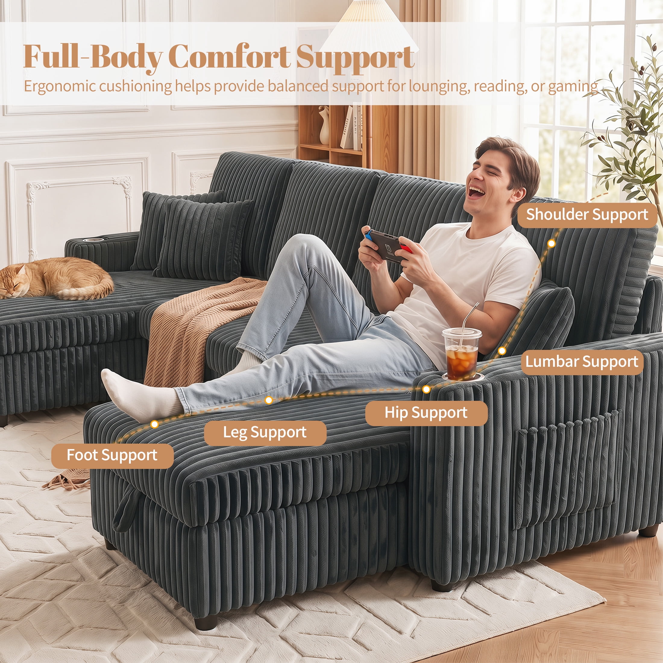 Aenkyo 110" U-Shaped Sleeper Sofa with Pull Out Bed, Storage Chaises and USB, Dark Gray