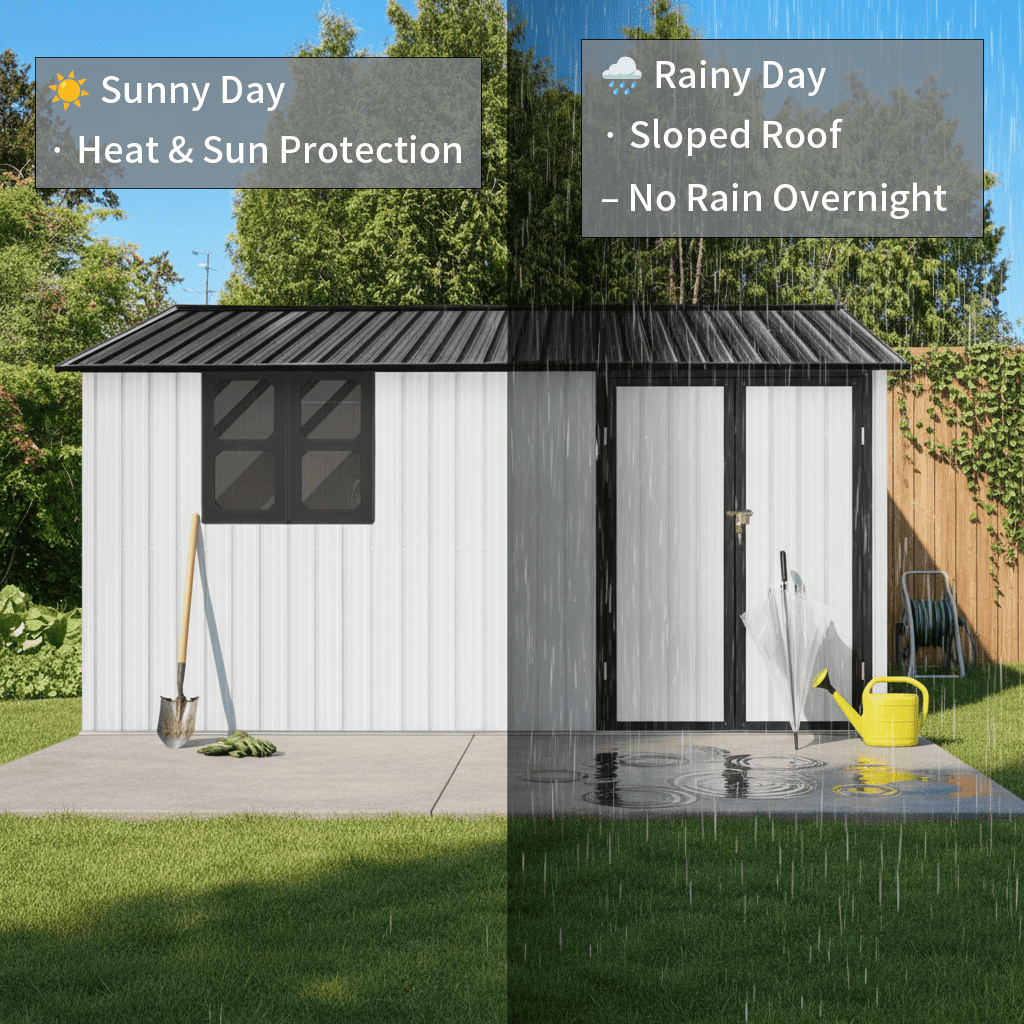 Mintazer 12×10 Ft All-Weather Metal Outdoor Storage Shed, Large Garden Tool Storage Building with Window for Backyard Lawn Patio, Beige & White