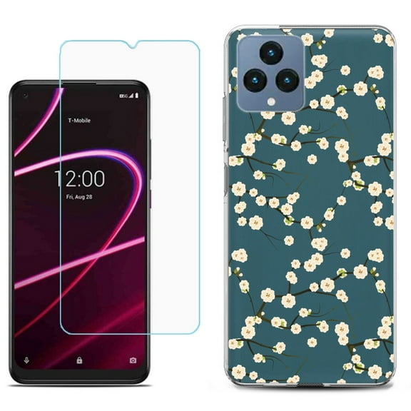 Slim-Fit Gel TPU Fashion Phone Case for T-Mobile Revvl 6 5G, with Tempered Glass Screen Protector, by OneToughShield ® - Blossom Green