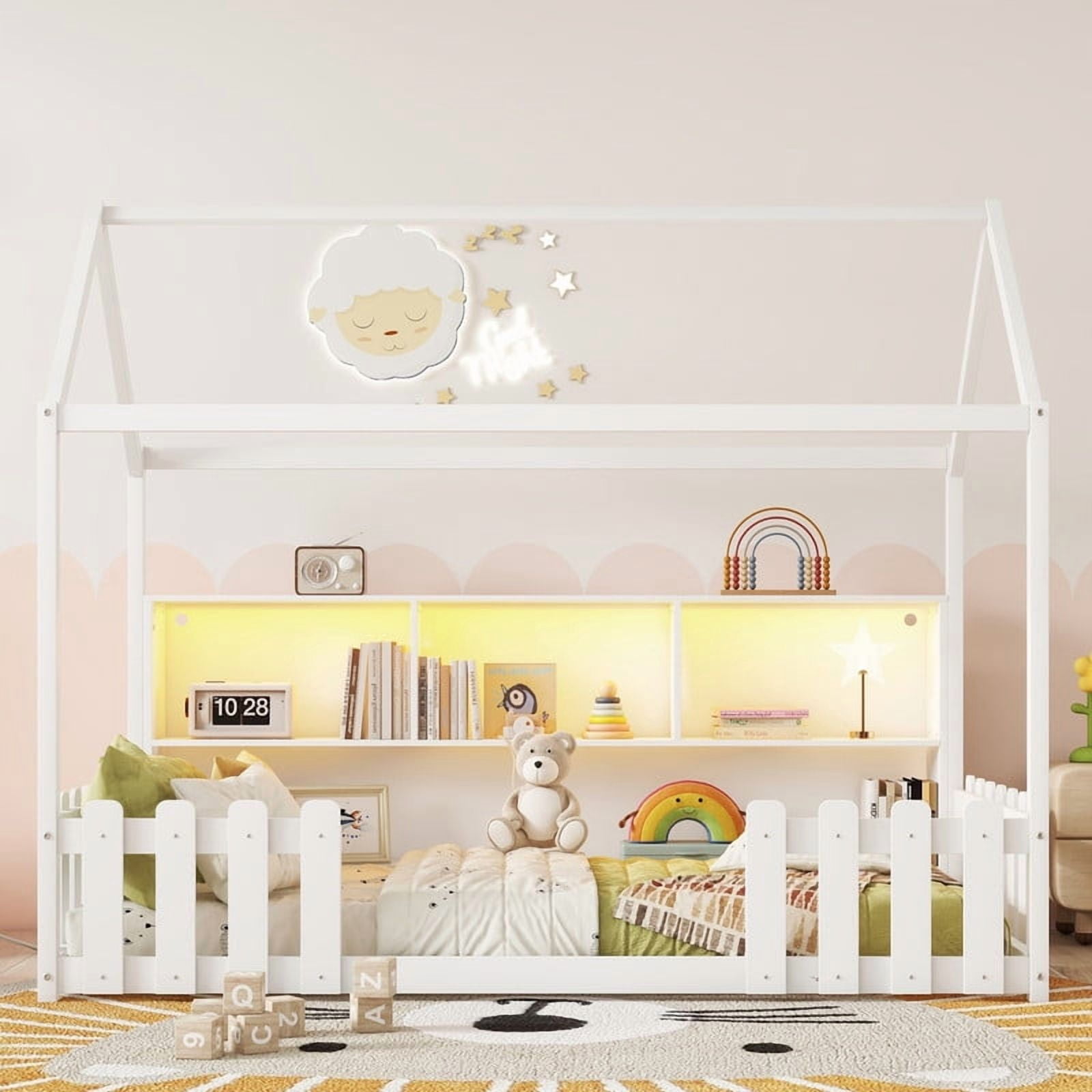 Mirightone Twin Size House Bed frame, Twin Floor Bed with High Rails & Storage Shelves, Montessori Bed with LED Light, Solid Wood House Floor Bed(White)