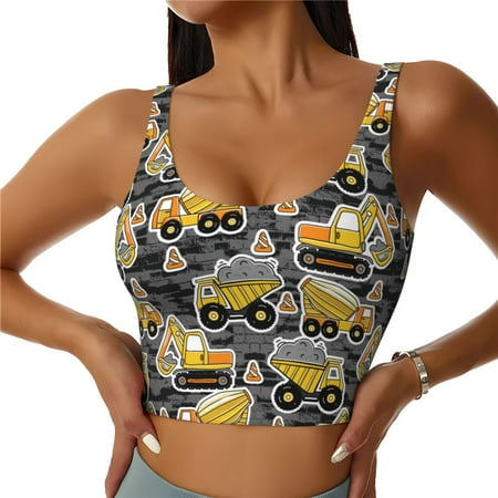 Jgfou Excavator At Work Print Womens Sports Bra - Padded Workout Sports Bras Crop Tank Top