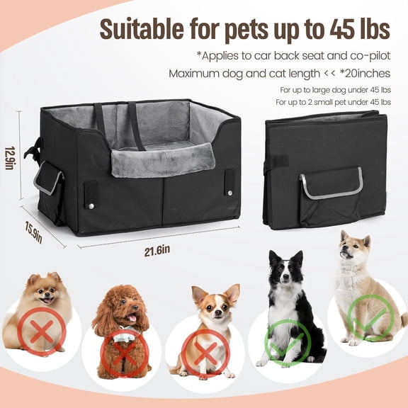 Dog Car Seat for Medium or Large Dogs Size Portable Car Booster Seat for Dogs with Harness and Thick Cushion, Perfect for Small Pet up to 45lbs(Black)