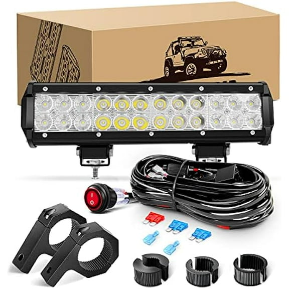 Waywe 12 inch 72W Led Light Bar Spot Flood Combo Driving Lighting Off Road Lights Mounting Bracket Horizontal Bar Tube Clamp with 16AWG Wiring Harness for Truck SUV ATV UTV Boat