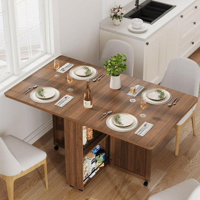 Table à Manger Pliante avec Abattant, Tiroir et Tablette de Rangement – Table de Cuisine Extensible Gain de Place avec 6 Roues pour Petits Espaces, Appartements et Salles à Manger