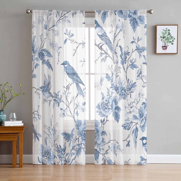 White Blue Spring Floral Sheer Curtains 108 Inch Length 2 Panels Set for Living Room/Bedroom, Summer Birds Botanical Semi Curtain Sheers Drapes Rod Pocket Curtains Window Treatment Set 52''x108''x2