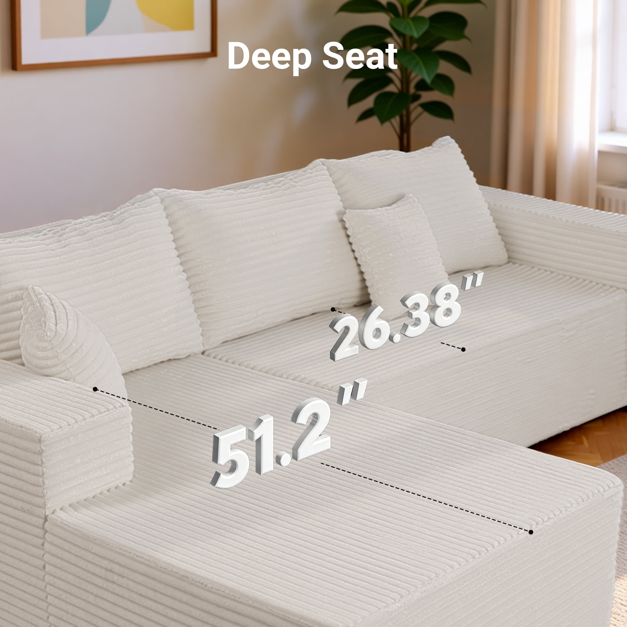 94" Sectional Sofa with Lounge, L-Shape Living Room Cloud Modular Convertible Sleeper Sofa, Corduroy Couch Deep Seat Sleeper Set,Bedroom Reversible Sofa W/Pillows,Beige,Left