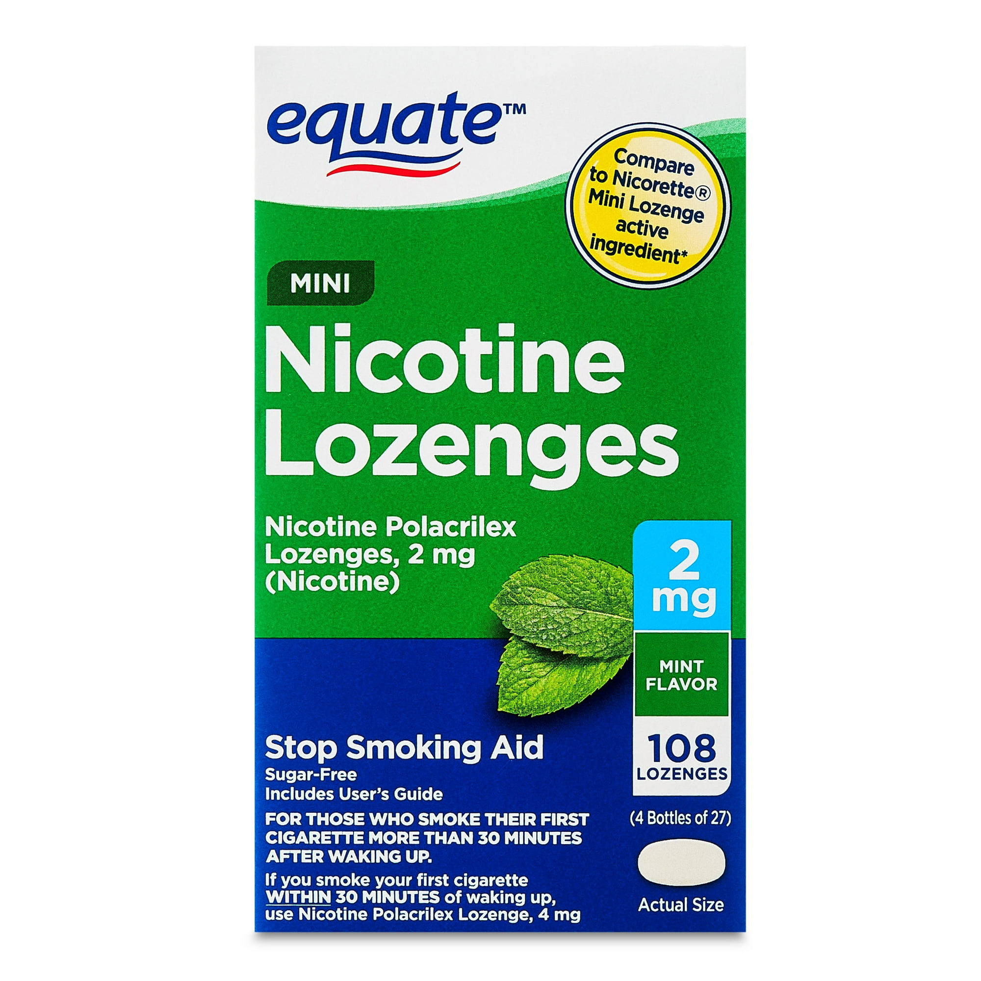Equate Mini Nicotine Lozenges 2 mg, Mint Flavor, 108 Count – Stop Smoking Aid, Compare to Nicorette®
