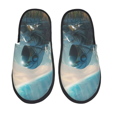 

Fuzoiu Astronaut Contemplating Planet Print Unisex Furry Slippers Plush Indoor Shoes Trendy House Slippers Anti-Skid EVA Sole House Shoes for Home Office and Travel -Medium