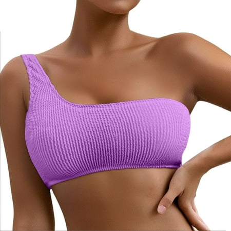 Daznico Women s One Shoulder Bikini Top - Ribbed Padded Bandeau Swimsuit  Sexy Asymmetric Bathing Suit for Beach & Pool Size S