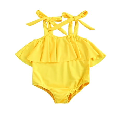 

One opening Baby Bodysuit Swimsuit Ruffle Trim Adjustable Shoulder Strap