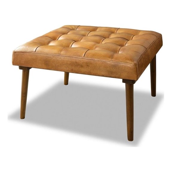 Alvar Mid-Century Modern Square Tufted Genuine Leather Ottoman in Tan