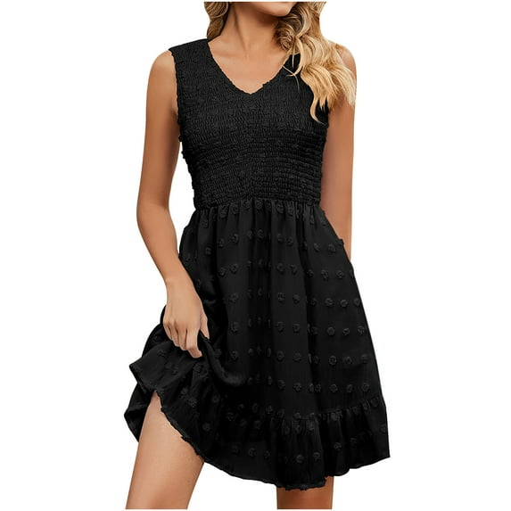 Tarmeek Womens Sleeveless Mini Summer Dresses Casual Solid Color Crochet Short Smocked Dress Daily Party Beach Dress Holiday Tank Sundress