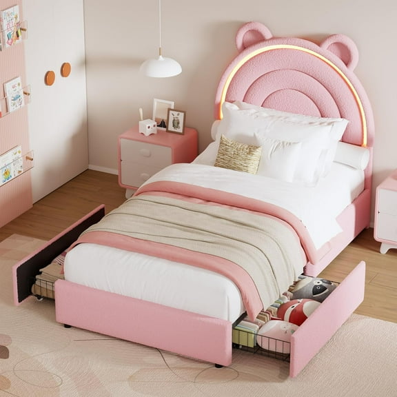 Senfot Twin Princess Bed Frame with 4 Storage Drawers & LED Lights, Velvet Upholstered, Rainbow Headboard, Solid Wood Slats, No Box Spring Needed, Pink