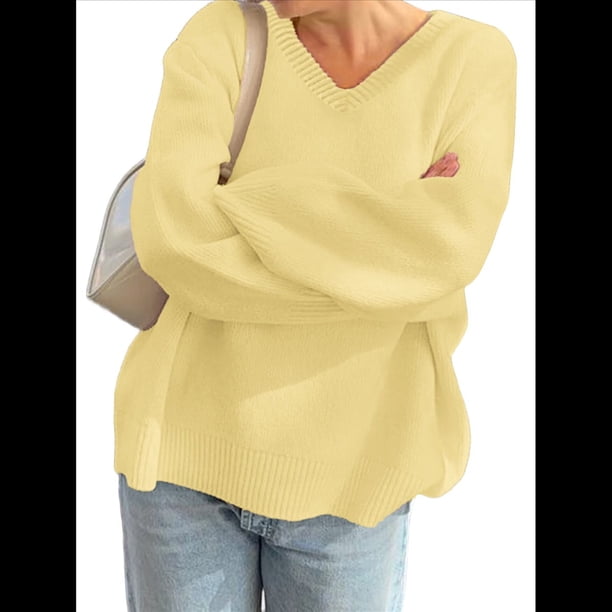 Suéteres de Cuello en V para Mujer, Suéteres Negros, Tops de Punto Básicos de Otoño con Dobladillo Alto y Bajo, Suéter Informal. Amarillo L