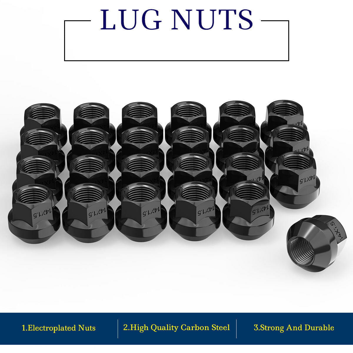 SIZZER Wheel Lug Nuts M14x1.5 Thread Size 4.4 Long 3/4 Hex Closed End Bulge Acorn Spike Lug Nuts Black Finish Socket Key Set of 24