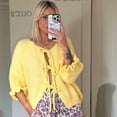 thumbnail image 5 of Womens Tie Front Cardigan Sweaters Light-Weight Knit Ruffle Half Sleeve 2025 Trendy Jacket Yellow M, 5 of 8
