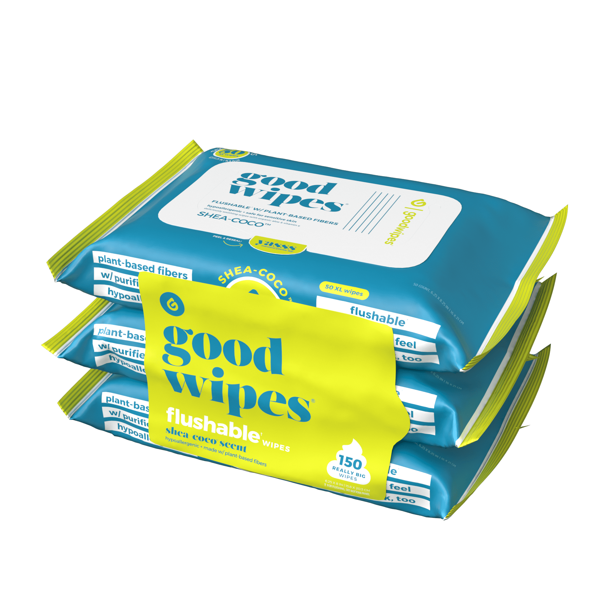 Goodwaipaes Flushable Butt Wipes Safe for Sensitive Skin, Shea-Coco Scented, 3 Pack, 150 Total Wipes