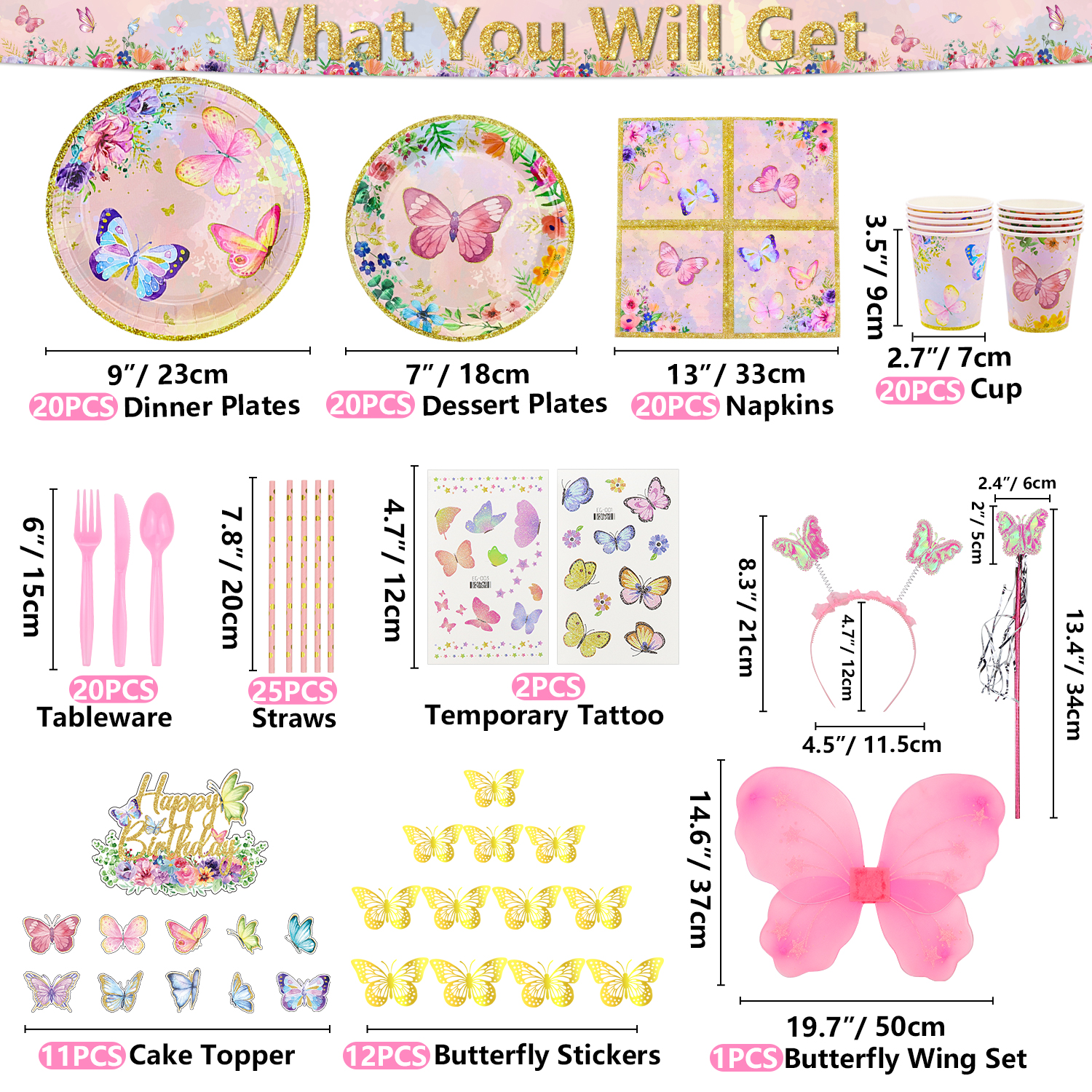 235 PCS Butterfly Party Decorations - Butterfly Balloons, Banner, Cake Topper, Fairy Wing, Tattoo, Stickers, Plates, Napkins, Cups and Tablecloth for Girl Women Birthday Supplies, Serves 20 Guest - image 2 of 8