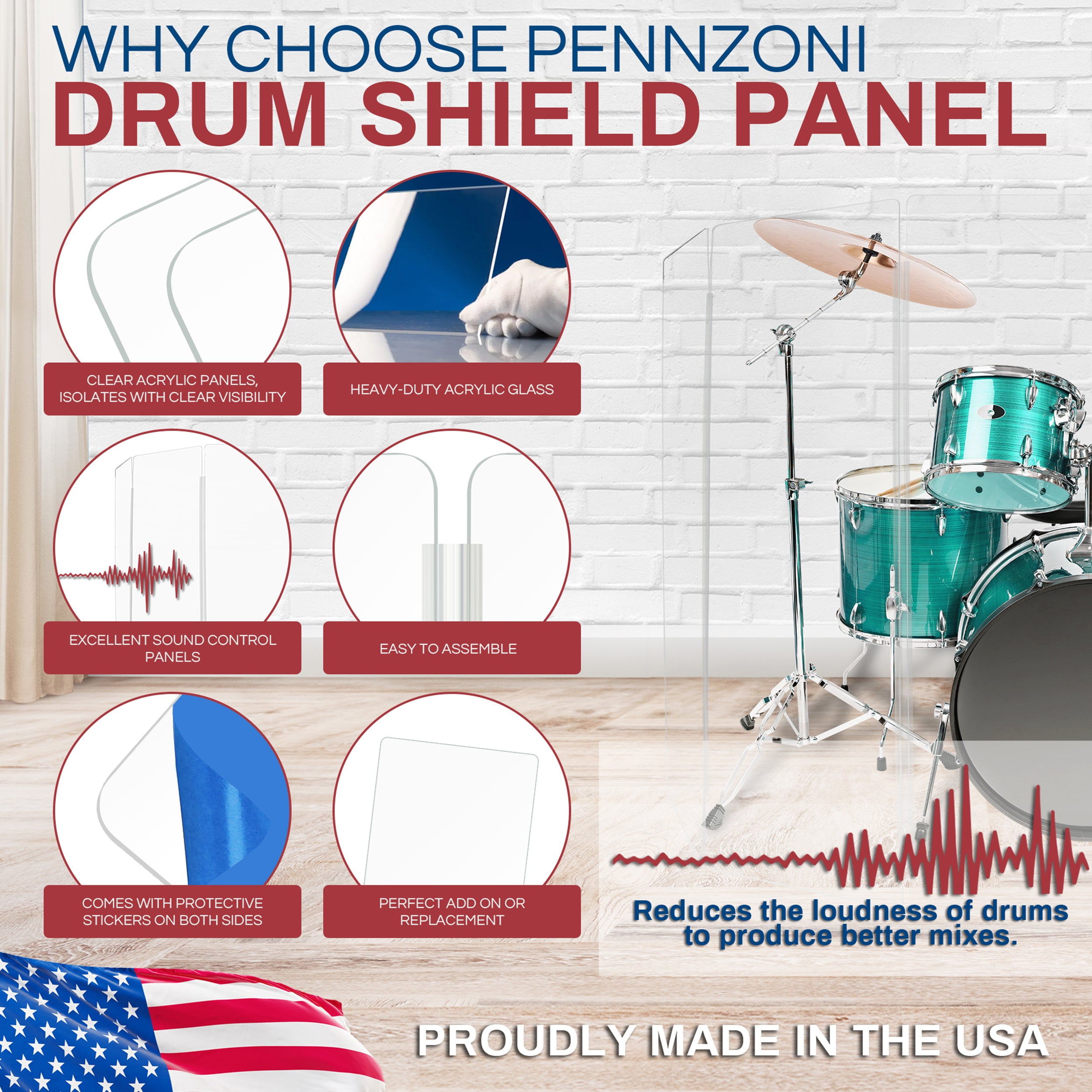 PENNZONI Sinlge Panel Acrylic Drum Shield w/ Plastic Hinges, 4ft Drum Screen
