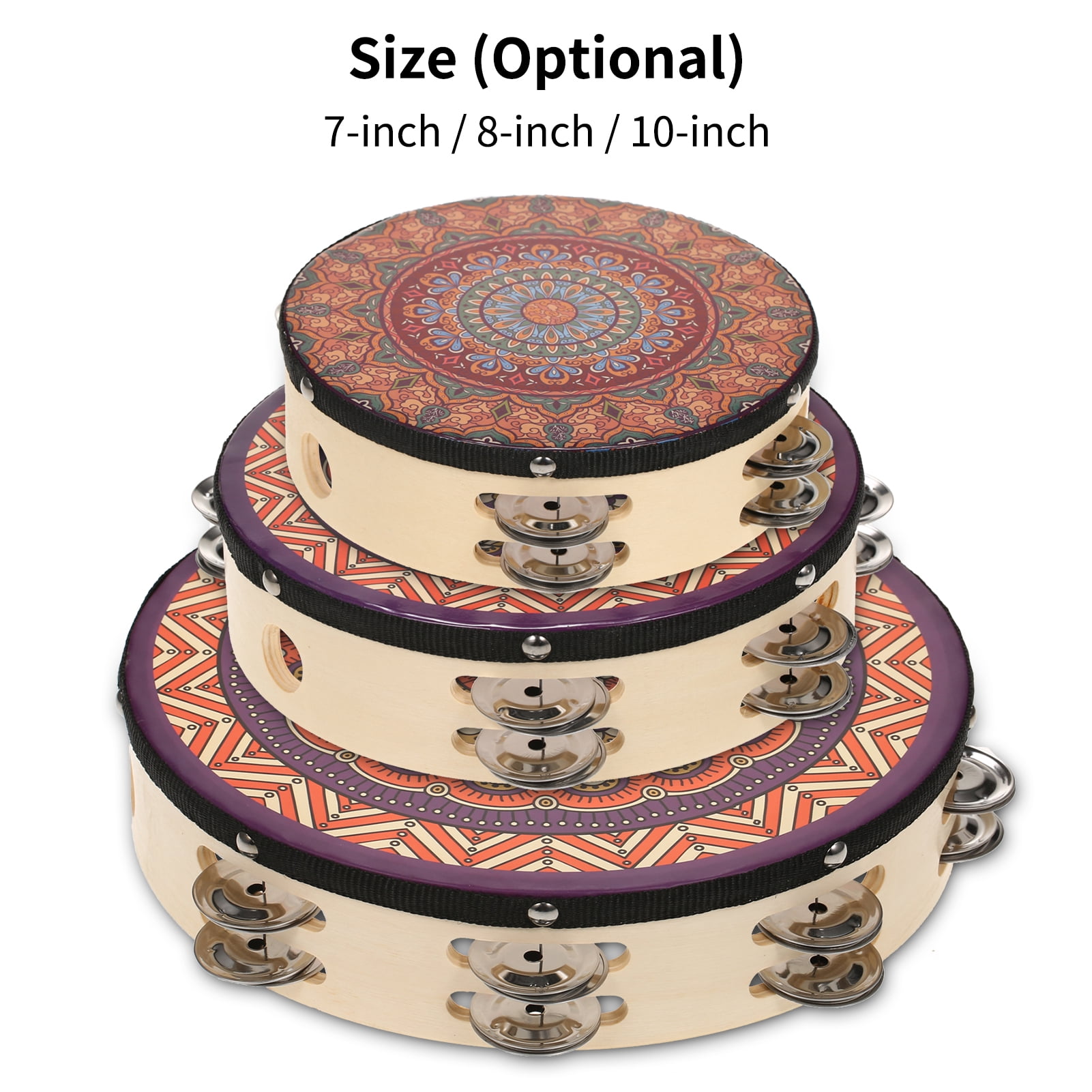 10 Inch Wooden Tambourine Handbell Hand Drum with Double Row 16pcs Metal Cymbals Jingles Musical Percussion Instrument for Kids Games Adults Apply to Church KTV Party