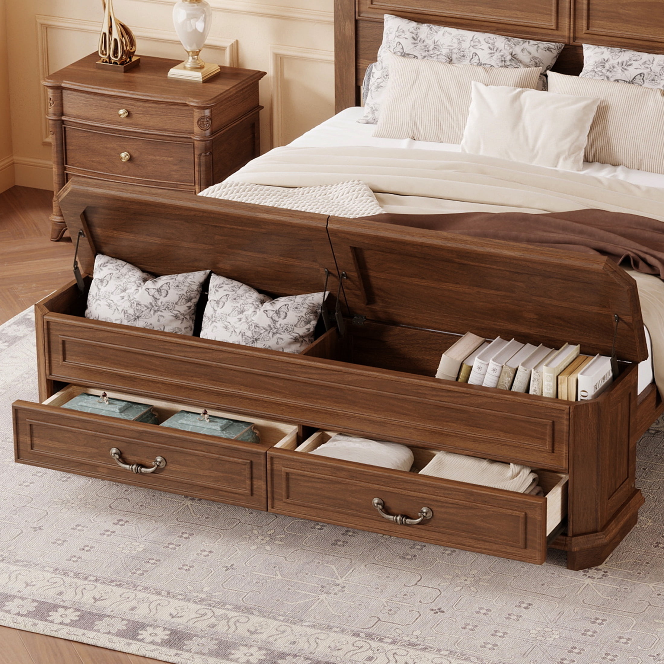 Noble House Reinaldo Queen Farmhouse Pine Bed with Integrated Bench, Storage Drawers and Flip-Top Containers, Walnut