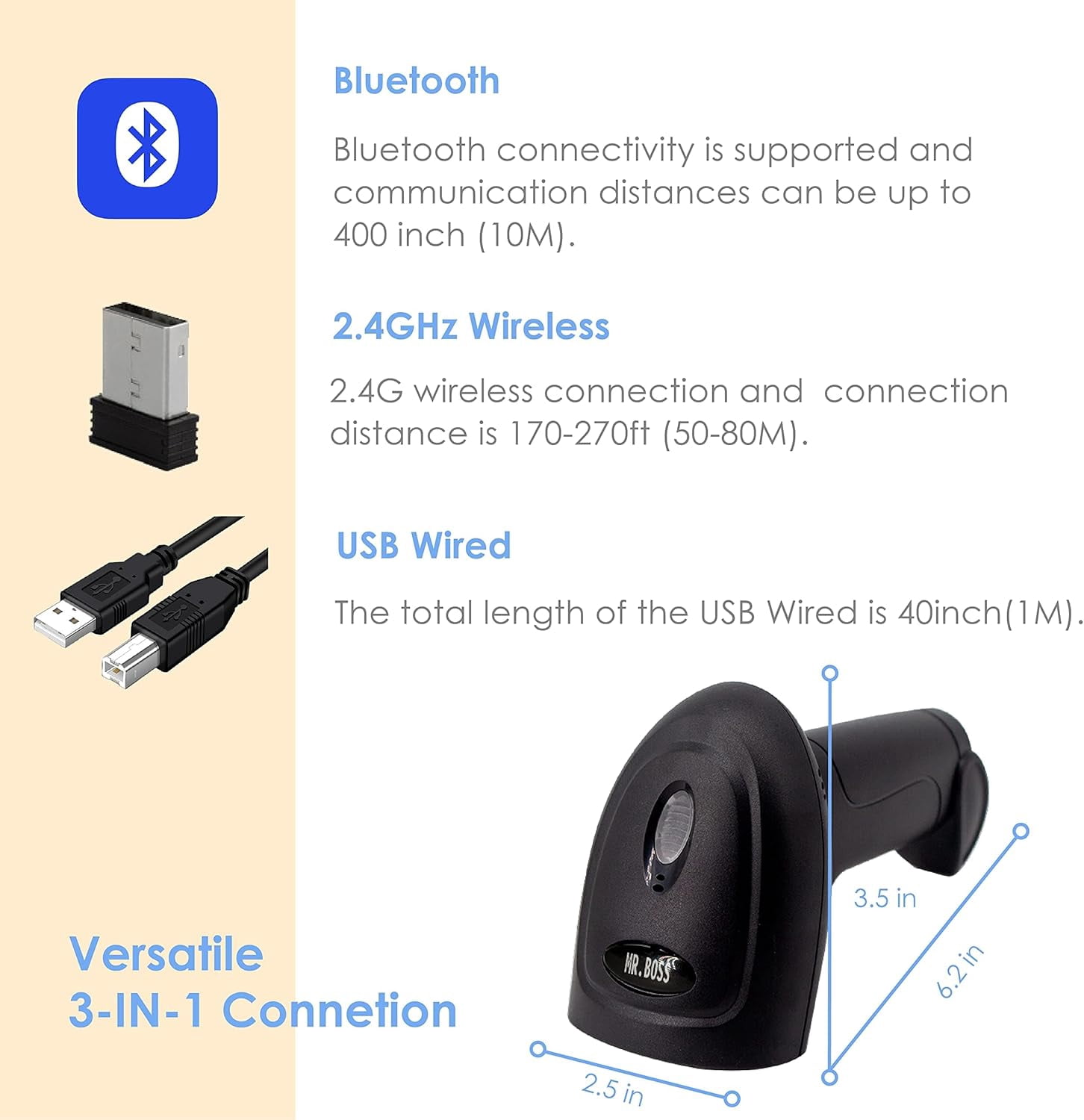 MRBOSS Wireless Barcode Scanner QR Code Reader   Cordless handhold 3in1 2.4G Bluetooth USB