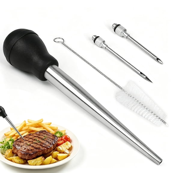 Stainless Steel Turkey Baster with 2 Interchangeable Silicone Bulbs & Cleaning Brush – Large Capacity Roasting and Basting Tool for Turkey, Chicken, Grilling, Holiday & Family Meals