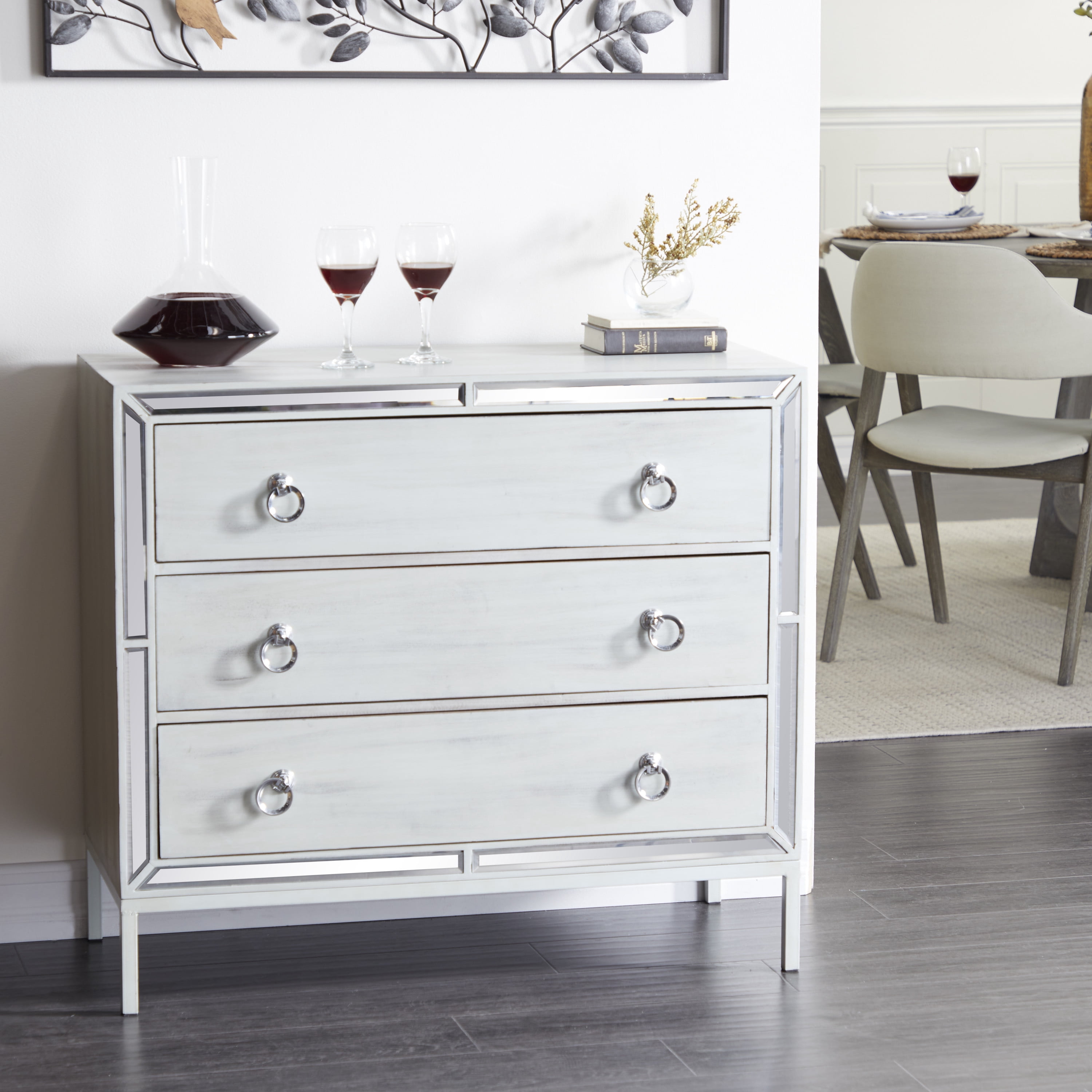 DecMode 36" x 32" Cream Wood Chest with Ring Handles, 1-Piece