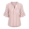 thumbnail image 4 of Lmueinov Women's Striped V Neck Blouse 3/4 Ruffle Bell Sleeve Casual Loose Tunic Tops Notch V Neck Summer Shirts for Work Daily Vacation Wear, S-XXL, 4 of 6